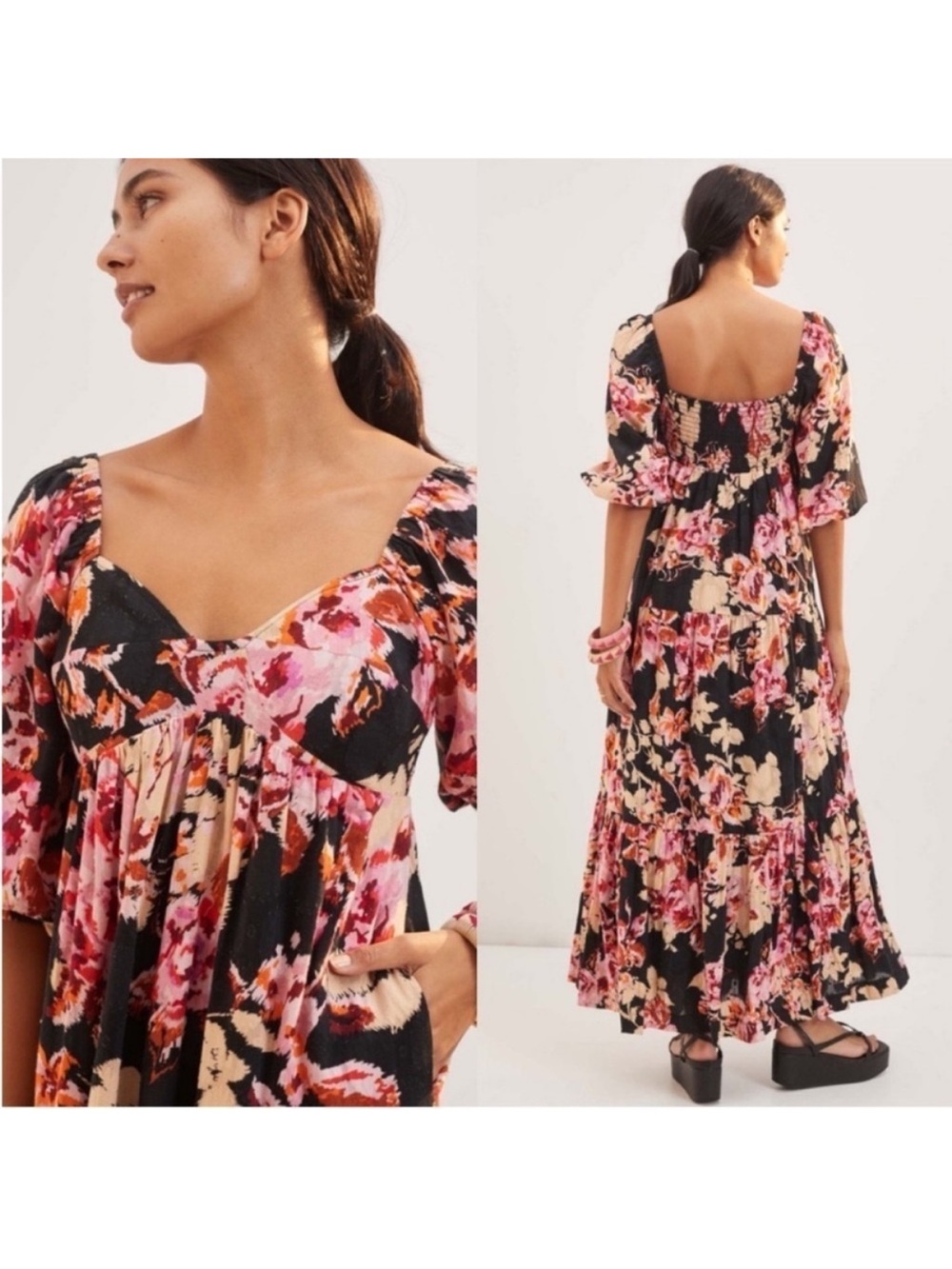 Anthropologie Somerset Floral Puff Sleeve Maxi Dress Black Pink Medium NWT - Picture 2 of 15